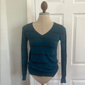 Mossimo Striped V-Neck pull over Sweater green grey rayon nylon women’s size XS